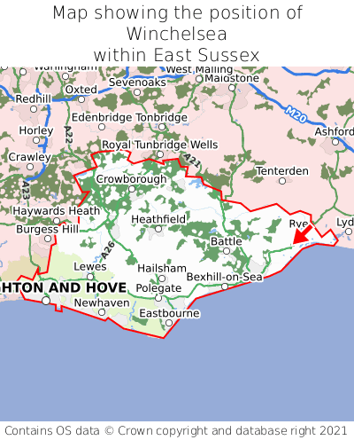 Map showing location of Winchelsea within East Sussex
