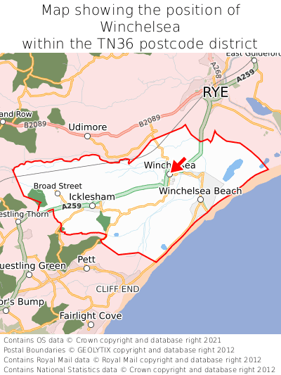 Map showing location of Winchelsea within TN36