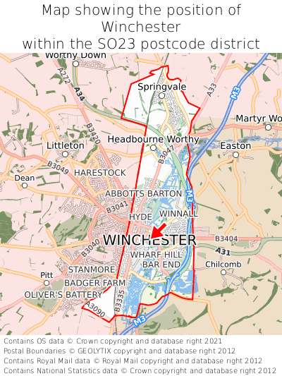Map showing location of Winchester within SO23