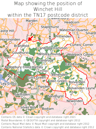 Map showing location of Winchet Hill within TN17