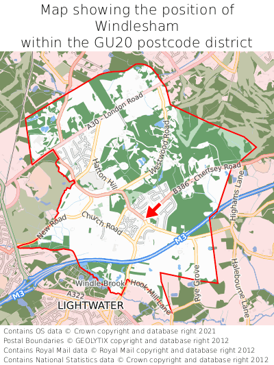 Map showing location of Windlesham within GU20