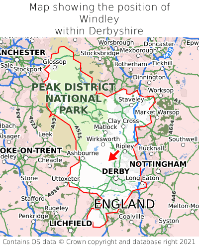 Map showing location of Windley within Derbyshire