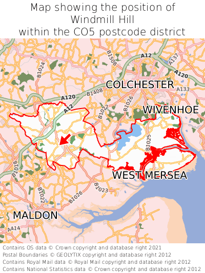 Map showing location of Windmill Hill within CO5