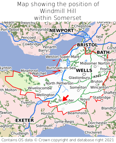 Map showing location of Windmill Hill within Somerset