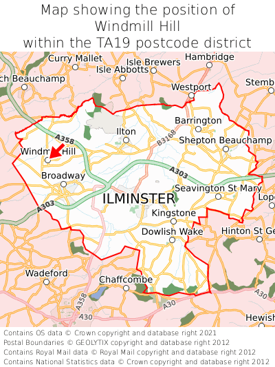 Map showing location of Windmill Hill within TA19