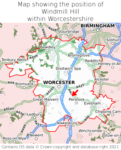 Map showing location of Windmill Hill within Worcestershire
