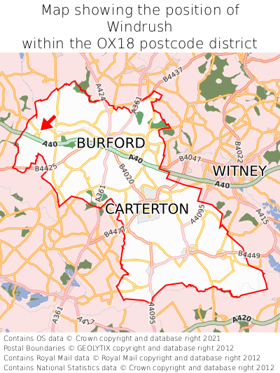 Map showing location of Windrush within OX18