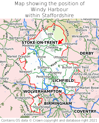 Map showing location of Windy Harbour within Staffordshire
