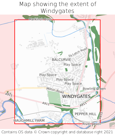Map showing extent of Windygates as bounding box