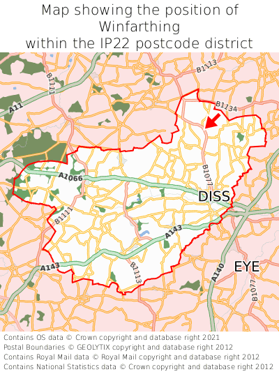 Map showing location of Winfarthing within IP22