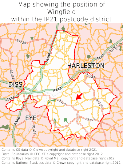 Map showing location of Wingfield within IP21