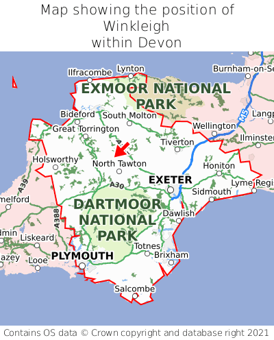 Map showing location of Winkleigh within Devon