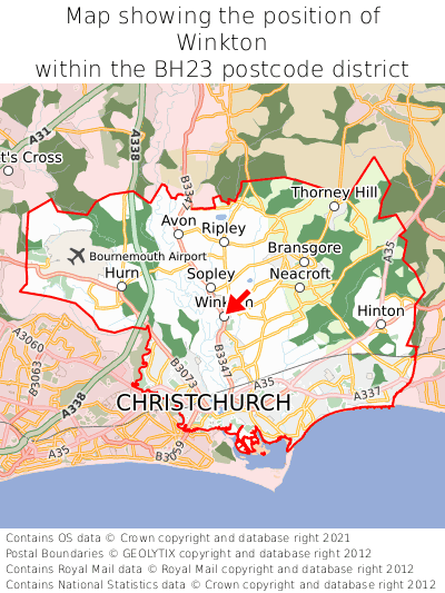 Map showing location of Winkton within BH23