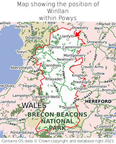 Map showing location of Winllan within Powys