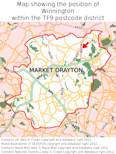 Map showing location of Winnington within TF9
