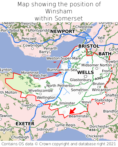 Map showing location of Winsham within Somerset