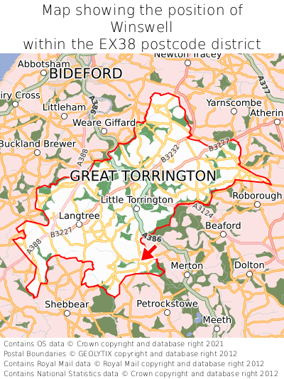 Map showing location of Winswell within EX38