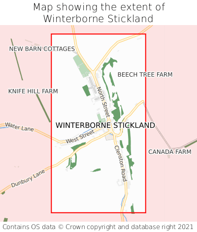 Map showing extent of Winterborne Stickland as bounding box