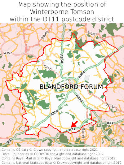 Map showing location of Winterborne Tomson within DT11