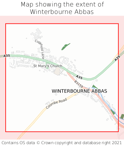 Map showing extent of Winterbourne Abbas as bounding box