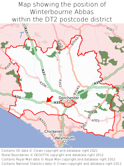 Map showing location of Winterbourne Abbas within DT2
