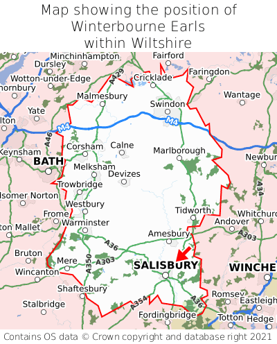 Map showing location of Winterbourne Earls within Wiltshire
