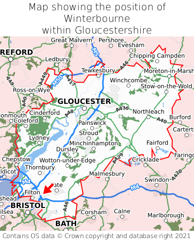 Map showing location of Winterbourne within Gloucestershire