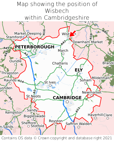 Map showing location of Wisbech within Cambridgeshire