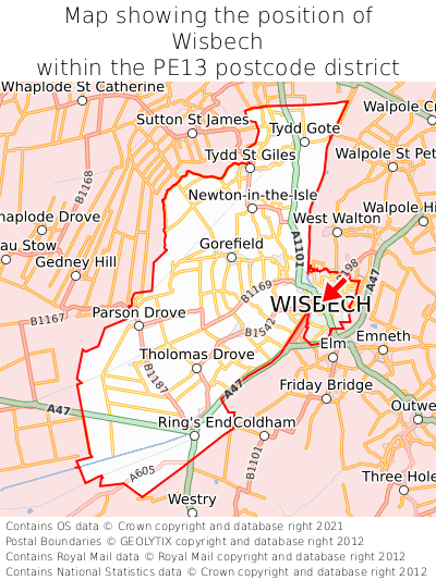 Map showing location of Wisbech within PE13