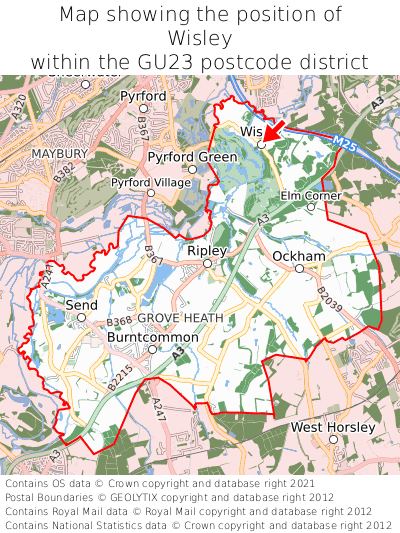 Map showing location of Wisley within GU23