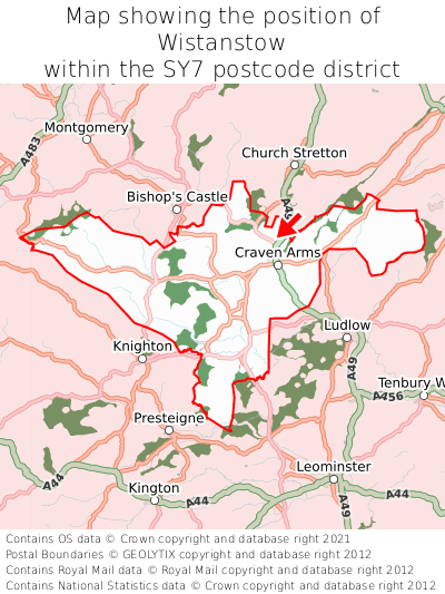 Map showing location of Wistanstow within SY7