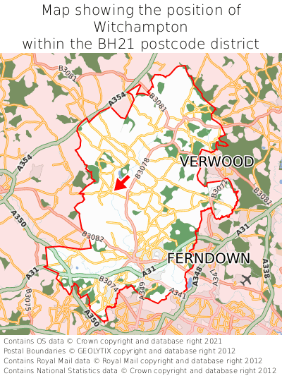 Map showing location of Witchampton within BH21