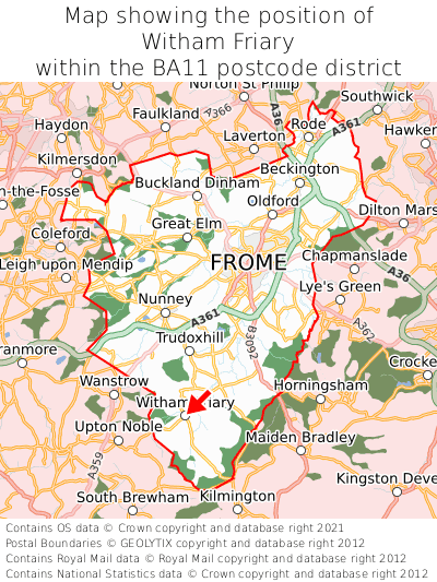 Map showing location of Witham Friary within BA11