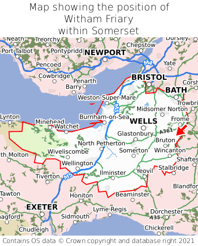 Map showing location of Witham Friary within Somerset