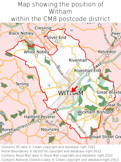 Map showing location of Witham within CM8