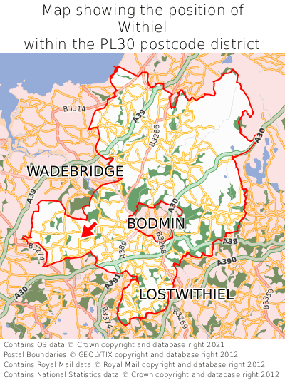 Map showing location of Withiel within PL30