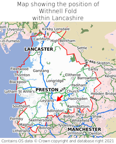 Map showing location of Withnell Fold within Lancashire