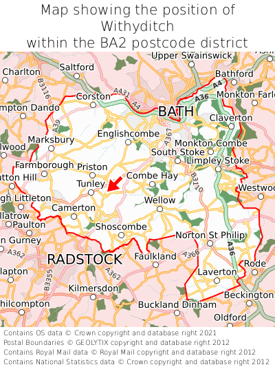 Map showing location of Withyditch within BA2