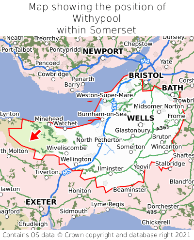 Map showing location of Withypool within Somerset