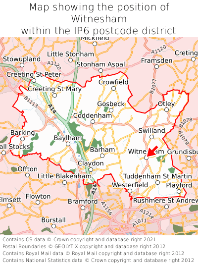 Map showing location of Witnesham within IP6