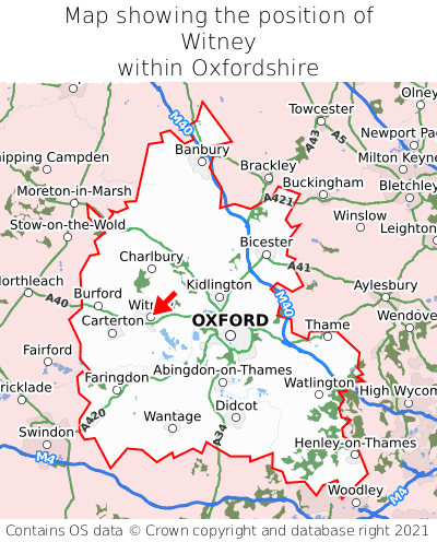 Map showing location of Witney within Oxfordshire
