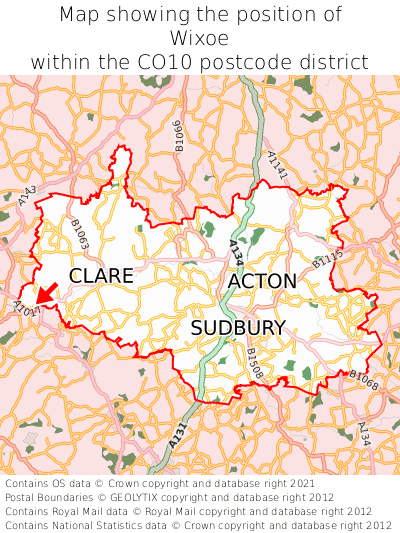 Map showing location of Wixoe within CO10
