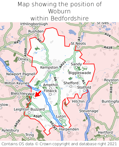 Map showing location of Woburn within Bedfordshire