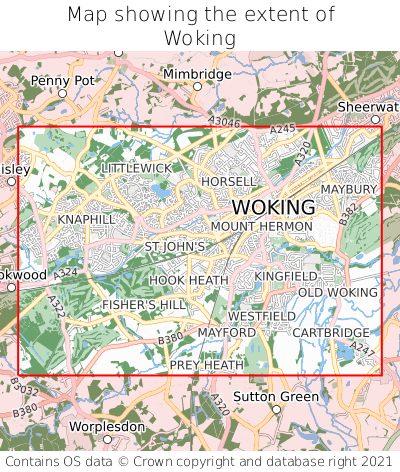 Map showing extent of Woking as bounding box