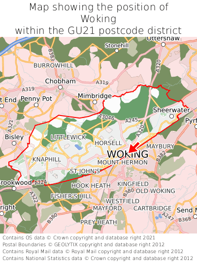 Map showing location of Woking within GU21