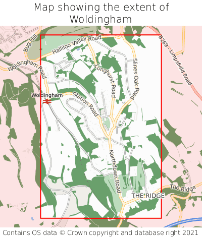 Map showing extent of Woldingham as bounding box