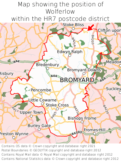 Map showing location of Wolferlow within HR7