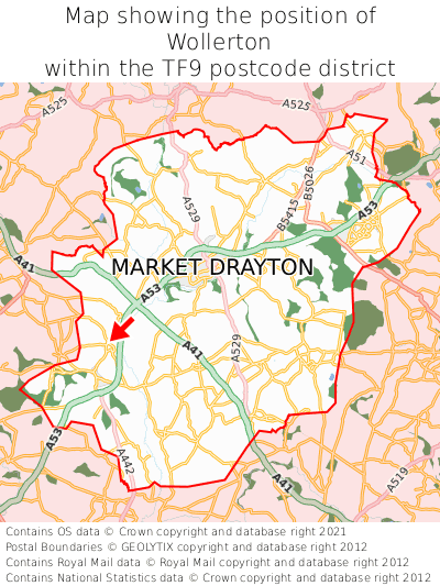 Map showing location of Wollerton within TF9