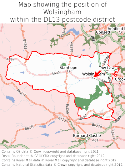 Map showing location of Wolsingham within DL13