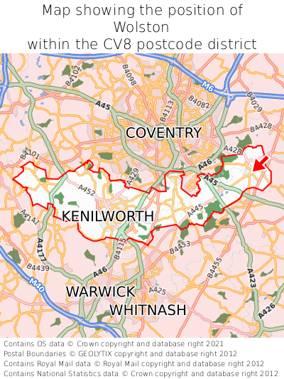 Map showing location of Wolston within CV8